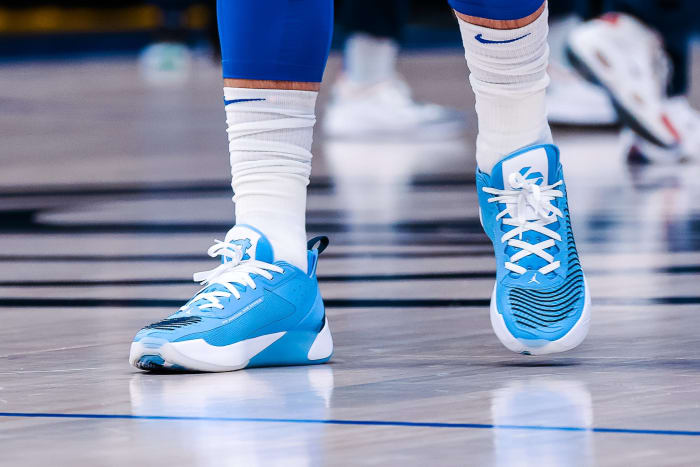 Blue and white Jordan Luka 1 shoes.